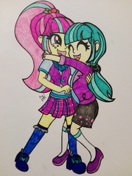 Size: 3120x4160 | Tagged: safe, artist:mlpshimmysunshine123, juniper montage, sour sweet, equestria girls, equestria girls specials, g4, crack shipping, cute, female, hug, junibetes, lesbian, missing accessory, ship:junipersweet, shipping, sourbetes, traditional art