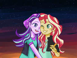 Size: 1024x768 | Tagged: safe, artist:faycoon, starlight glimmer, sunset shimmer, equestria girls, equestria girls specials, g4, my little pony equestria girls: mirror magic, beanie, clothes, female, geode of empathy, hat, jacket, lesbian, ship:shimmerglimmer, shipping, shirt, smiling, vest