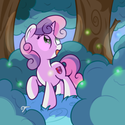 Size: 2560x2560 | Tagged: safe, artist:vaetan, sweetie belle, firefly (insect), insect, pony, unicorn, g4, cutie mark, female, filly, forest, high res, looking up, night, open mouth, shrub, solo, standing, the cmc's cutie marks, tree