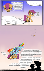 Size: 1500x2415 | Tagged: safe, artist:chopsticks, rainbow dash, scootaloo, pegasus, pony, g4, attempted suicide, backlighting, cloud, comic, crying, dialogue, duo, falling, feather, feels, female, filly, foal, heartwarming, mare, rescue, sad, scootaloo can't fly, scootalove, scootasad, silhouette, speech bubble, stuttering, suicide, sunset