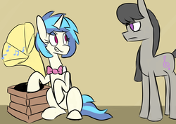Size: 4961x3508 | Tagged: safe, artist:provolonepone, dj pon-3, octavia melody, vinyl scratch, earth pony, pony, unicorn, g4, accessory swap, bowtie, female, looking at each other, mare, music, music notes, phonograph, sitting, unamused