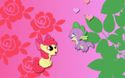 Size: 900x563 | Tagged: safe, artist:alicehumansacrifice0, apple bloom, spike, dragon, pony, g4, adorabloom, blank flank, cute, duo, female, filly, floating, flower, heart, heart eyes, male, plant, rose, ship:spikebloom, shipping, simple background, smiling, straight, wallpaper, wingding eyes