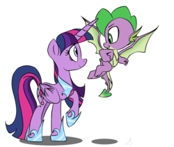 Size: 950x800 | Tagged: safe, artist:emositecc, spike, twilight sparkle, alicorn, dragon, pony, g4, female, flying, male, mare, raised hoof, simple background, smiling, transparent background, twilight sparkle (alicorn), winged spike, wings, wrong eye color