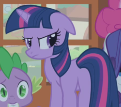 Size: 446x395 | Tagged: safe, screencap, pinkie pie, rarity, spike, twilight sparkle, dragon, pony, unicorn, bridle gossip, g4, angry, butt, cropped, featureless crotch, female, mare, plot, unamused, unicorn twilight