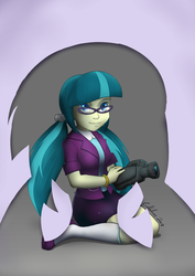 Size: 1240x1754 | Tagged: safe, artist:gabbslines, juniper montage, fanfic:being juniper montage, equestria girls, g4, camera, clothes, cute, fanfic, fanfic art, female, glasses, kneeling, pigtails, shoes, skirt, smiling, socks, solo, twintails