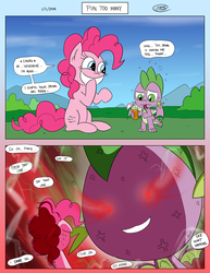 Size: 2550x3300 | Tagged: safe, artist:loreto-arts, pinkie pie, spike, dragon, earth pony, pony, g4, 2 panel comic, alcohol, big head, cocktail umbrella, comic, cross-popping veins, female, floppy ears, glowing eyes, glowing eyes of doom, growth, high res, male, mare, nervous sweat, pun, rage, red eyes take warning, spiked drink, sweat, this will end in death, tranquil fury, winged spike, wings