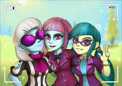 Size: 2480x1753 | Tagged: safe, artist:gabbslines, juniper montage, photo finish, sunny flare, fanfic:being juniper montage, equestria girls, equestria girls specials, g4, camera shot, clothes, colored pupils, commission, fanfic, fanfic art, female, glasses, looking at you, selfie, signature, smiling, sunglasses, trio
