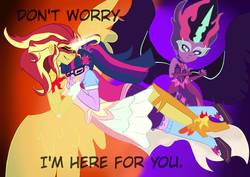 Size: 1414x1000 | Tagged: safe, artist:hpbudgecraft, sci-twi, sunset shimmer, twilight sparkle, equestria girls, g4, clothes, comforting, daydream shimmer, female, lesbian, midnight sparkle, midnightdaydream, ship:sci-twishimmer, ship:sunsetsparkle, shipping