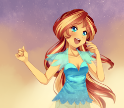 Size: 2064x1800 | Tagged: safe, artist:loyaldis, sunset shimmer, equestria girls, g4, my past is not today, cleavage, clothes, crying, cute, female, open mouth, shimmerbetes, singing, smiling, solo, stars, tears of joy