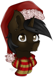 Size: 746x1082 | Tagged: safe, artist:kourma, oc, oc only, christmas, clothes, hat, holiday, looking at you, male, scarf, simple background, smiling, solo, transparent background