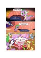 Size: 3541x5016 | Tagged: safe, artist:gashiboka, applejack, fluttershy, pinkie pie, rainbow dash, rarity, spike, twilight sparkle, dragon, earth pony, pegasus, pony, unicorn, comic:recall the time of no return, g4, absurd resolution, banner, birthday, cake, comic, female, food, golden oaks library, mane seven, mane six, mare, offscreen character, party horn