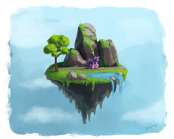 Size: 900x720 | Tagged: safe, artist:lollipony, starlight glimmer, pony, unicorn, g4, cloud, female, floating, floating island, island, mare, moss, pond, question mark, rock, sky, solo, tree, water, waterfall