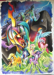 Size: 586x800 | Tagged: safe, artist:andypriceart, applejack, fluttershy, pinkie pie, queen chrysalis, rainbow dash, rarity, twilight sparkle, changeling, changeling queen, earth pony, pegasus, pony, unicorn, g4, idw, the return of queen chrysalis, castle, changeling slime, comic cover, cover, lightning, mane six, no logo, slime, textless, traditional art, trapped