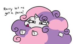 Size: 510x297 | Tagged: safe, artist:jargon scott, sweetie belle, pony, unicorn, g4, cute, diasweetes, female, filly, frizzy hair, hair, impossibly large mane, looking at you, mane, open mouth, simple background, smiling, solo, squatpony, stuck, wat, white background