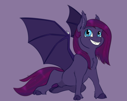 Size: 1448x1161 | Tagged: safe, artist:ganashiashaka, oc, oc only, oc:viola noctre, bat pony, pony, female, filly, offspring, parent:night guard, parent:princess luna, parents:guardluna, purple background, simple background, solo