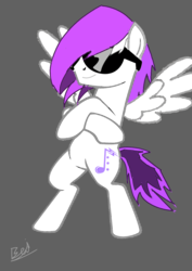 Size: 1000x1414 | Tagged: safe, oc, oc only, oc:purple sounds, pegasus, pony, base used, bipedal, crossed hooves, glasses, gray background, purple mane, simple background, solo, sunglasses, swag