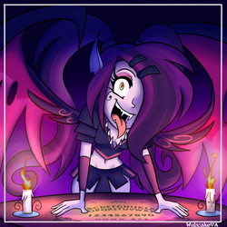 Size: 1024x1024 | Tagged: dead source, safe, artist:wubcakeva, oc, oc only, oc:scarlett, demon, equestria girls, g4, candle, clothes, equestria girls-ified, hair over one eye, insanity, miniskirt, open mouth, ouija board, skirt, solo, spirit board, tongue out