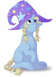 Size: 1280x1738 | Tagged: safe, artist:whisperseas, oc, oc only, oc:blue moon, pony, unicorn, blank flank, braid, braided tail, clothes, female, filly, floppy ears, hat, offspring, parent:prince blueblood, parent:trixie, parents:bluetrix, simple background, solo, trixie's hat, white background