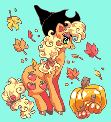 Size: 580x633 | Tagged: safe, artist:suippumato, applejack, earth pony, pony, g4, female, halloween, hat, holiday, jack-o-lantern, leaves, pumpkin, solo, witch hat