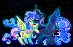 Size: 700x450 | Tagged: safe, artist:suippumato, fluttershy, princess luna, alicorn, pegasus, pony, g4, blushing, eyes closed, female, lesbian, mare, ship:lunashy, shipping, smiling, spread wings, wings