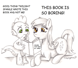 Size: 1322x1143 | Tagged: safe, artist:anonpencil, edit, derpy hooves, spike, twilight sparkle, dragon, g4, book