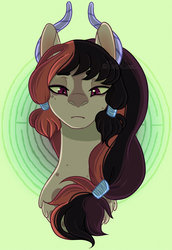 Size: 1024x1485 | Tagged: safe, artist:whisperseas, oc, oc only, oc:ariadne, draconequus, hybrid, bust, draconequus oc, horns, interspecies offspring, looking at you, maze, offspring, parent:discord, parent:princess celestia, parents:dislestia, solo