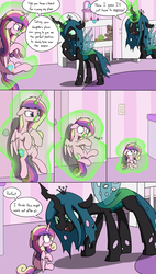 Size: 3000x5300 | Tagged: safe, artist:skitter, princess cadance, queen chrysalis, whammy, alicorn, changeling, pony, comic:change of heart (skitter), g4, age regression, baby, baby pony, comic, crib, fear, floppy ears, foal, gag, glowing horn, horn, magic, magic suppression, magical bondage, speech, telekinesis, transformation