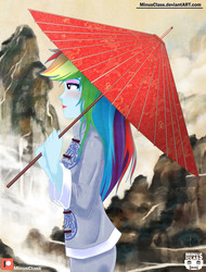 Size: 2050x2700 | Tagged: safe, artist:minusclass, rainbow dash, equestria girls, g4, chinese, clothes, female, high res, lipstick, patreon, patreon logo, solo, traditional art, umbrella, waterfall