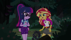 Size: 1280x720 | Tagged: safe, screencap, sci-twi, sunset shimmer, twilight sparkle, equestria girls, g4, my little pony equestria girls: legend of everfree, backpack, belt, camp everfree outfits, clothes, female, glasses, shorts, tree