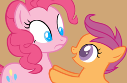 Size: 1024x667 | Tagged: safe, artist:jadebloodnight, pinkie pie, scootaloo, pony, g4, base used, colored pupils, simple background