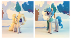 Size: 1200x658 | Tagged: safe, artist:krowzivitch, oc, oc only, oc:freya, oc:rimfrost, earth pony, pony, chest fluff, clothes, craft, diorama, female, figurine, filly, freya (norse), male, scarf, sculpture, snow, solo, stallion, standing, starry eyes, traditional art, wingding eyes, winter