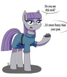 Size: 1200x1385 | Tagged: safe, artist:whitelie, maud pie, earth pony, pony, g4, dialogue, exploitable meme, female, grammar error, mare, meme, memeception, rock, sarcasm, simple background, solo, white background