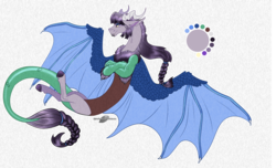 Size: 1525x925 | Tagged: safe, artist:bijutsuyoukai, oc, oc only, oc:nostalgia, draconequus, abstract background, braid, braided tail, draconequus oc, female, floating, gray background, interspecies offspring, next generation, offspring, parent:discord, parent:inky rose, parents:inkycord, realistic horse legs, simple background, solo
