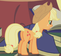 Size: 554x512 | Tagged: safe, screencap, applejack, earth pony, pony, bridle gossip, g4, appletini, book, butt, cropped, female, freckles, golden oaks library, mare, micro, open mouth, plot, rear view, solo