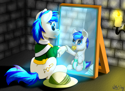 Size: 2500x1828 | Tagged: safe, artist:wittleskaj, oc, oc only, oc:hooklined, earth pony, pony, baby, baby pony, candle, candlelight, clothes, diaper, female, filly, foal, magic mirror, mare, mirror, pacifier, reflection, uniform