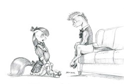 Size: 1500x1012 | Tagged: safe, artist:baron engel, apple bloom, oc, oc:stone mane (baron engel), earth pony, pony, semi-anthro, g4, canon x oc, clothes, colt, dress, female, filly, grayscale, looking at each other, male, monochrome, simple background, sketch, traditional art, white background