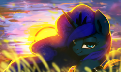 Size: 2852x1711 | Tagged: safe, artist:moondreamer16, princess luna, alicorn, pony, g4, female, looking at you, mare, smiling, solo, sunset
