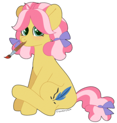 Size: 943x991 | Tagged: safe, artist:fioweress, kettle corn, earth pony, pony, g4, female, filly, looking at you, mouth hold, paintbrush, simple background, sitting, solo, transparent background