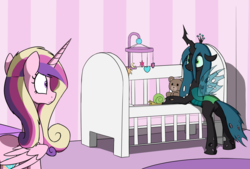 Size: 2160x1456 | Tagged: safe, artist:skitter, edit, princess cadance, queen chrysalis, whammy, alicorn, changeling, changeling queen, pony, g4, awkward moment, bed, bipedal, bipedal leaning, bugbutt, butt, caught, chrysalass, crib, crib mobile, cropped, duo, eye contact, female, frown, leaning, looking at each other, mare, plot, spread wings, surprised, teddy bear, wide eyes, wings