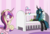 Size: 2160x1456 | Tagged: safe, artist:skitter, edit, princess cadance, queen chrysalis, whammy, alicorn, changeling, changeling queen, pony, g4, awkward moment, bed, bipedal, bipedal leaning, bugbutt, butt, caught, chrysalass, crib, crib mobile, cropped, duo, eye contact, female, frown, leaning, looking at each other, mare, plot, spread wings, surprised, teddy bear, wide eyes, wings