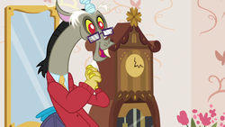 Size: 1280x720 | Tagged: safe, screencap, discord, draconequus, discordant harmony, g4, clock, clothes, cute, discute, glasses, grandfather clock, hands together, happy, male, mirror, necktie, open mouth, puppy dog eyes, smiling, solo, sweater, when he smiles