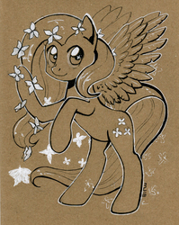 Size: 600x752 | Tagged: safe, artist:maytee, fluttershy, butterfly, pegasus, pony, g4, aside glance, bipedal, colored pencil drawing, female, looking at you, mare, marker drawing, monochrome, sepia, smiling, solo, spread wings, standing, three quarter view, traditional art, wings
