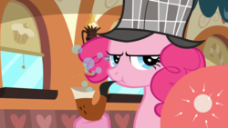Size: 1280x720 | Tagged: safe, edit, edited screencap, screencap, pinkie pie, earth pony, pony, g4, mmmystery on the friendship express, an egg being attacked by sperm, bubble pipe, deerstalker, egg cell, female, hat, mare, pipe, solo, spermatozoon
