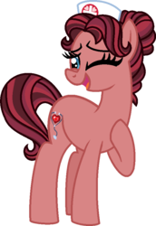 Size: 593x863 | Tagged: safe, artist:starryoak, artist:strawberry-spritz, oc, oc only, oc:ruby rich, earth pony, pony, miracleverse, alternate universe, female, mare, nurse, one eye closed, parent:filthy rich, parent:spoiled rich, raised hoof, simple background, smiling, transparent background, vector, wink