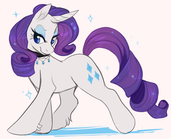 Size: 1618x1316 | Tagged: safe, artist:jboppity, rarity, pony, unicorn, g4, curved horn, female, horn, jewelry, lidded eyes, mare, necklace, simple background, smiling, solo, sparkles, unshorn fetlocks, white background