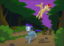 Size: 1168x852 | Tagged: safe, artist:lord-destrustor, oc, oc only, pegasus, pony, timber wolf, unicorn, fanfic:a&e: the case of the everfree escapades, comet, everfree forest, fanfic, fanfic art, flying, horn, pegasus oc, running, stars, tree, unicorn oc, wings