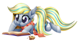 Size: 1024x549 | Tagged: safe, artist:centchi, oc, oc only, oc:booker, earth pony, pony, book, clothes, cookie, female, food, mare, prone, scarf, simple background, solo, transparent background, watermark