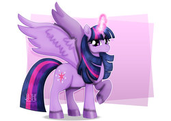 Size: 1600x1131 | Tagged: safe, artist:jotakaanimation, twilight sparkle, alicorn, pony, g4, abstract background, female, glowing horn, horn, mare, raised hoof, smiling, solo, twilight sparkle (alicorn), unshorn fetlocks