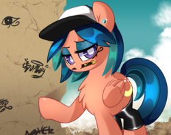 Size: 2400x1900 | Tagged: safe, artist:php69, somnambula, pegasus, pony, g4, cap, chest fluff, clothes, compression shorts, ear piercing, earring, eyeshadow, female, hat, hieroglyphics, jewelry, lidded eyes, makeup, mare, mouth hold, paintbrush, piercing, shorts, smiling, solo, tattoo
