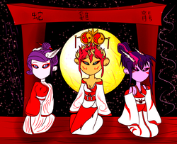 Size: 1666x1355 | Tagged: safe, artist:foxgearstudios, rarity, sunset shimmer, twilight sparkle, equestria girls, g4, alternate clothes, alternate hairstyle, amaterasu, clothes, crossover, god, goddess, horns, night, nuregami, okami, stars, sunset shimmer is god, torii, torii gate, vaguely asian robe, video game, wings, yin-yang, yomigami